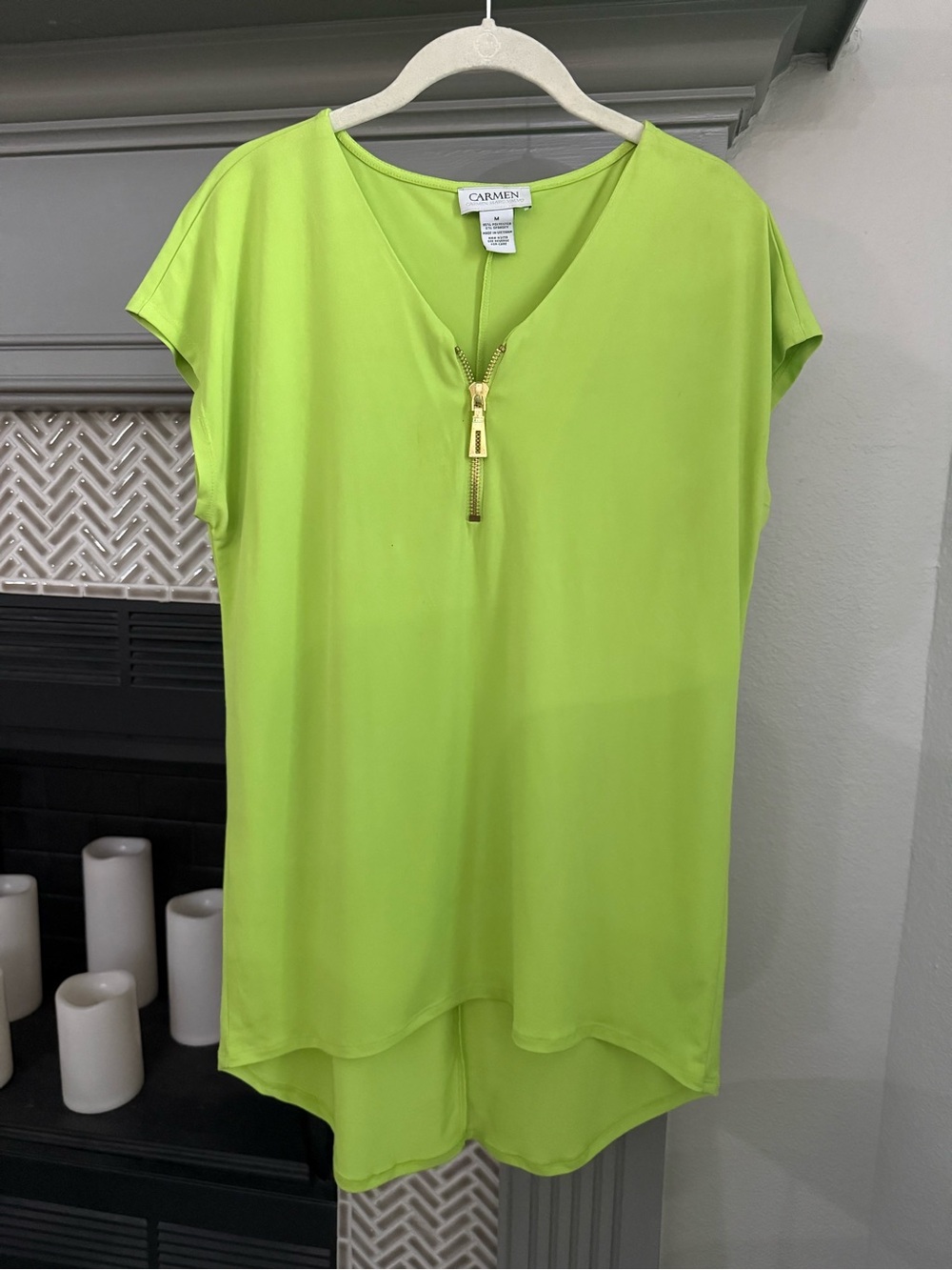 Carmen Neon Lime V-Neck Zip-Front Blouse